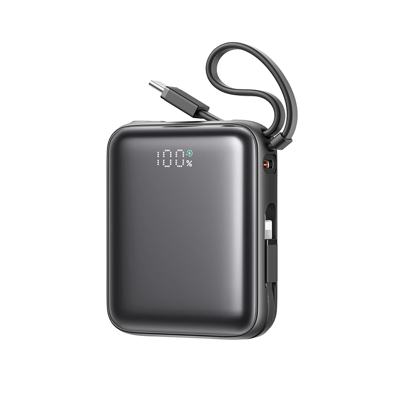Powerbank 10000mAh 22.5W met ingebouwde USB-C Lightning kabels - zwart