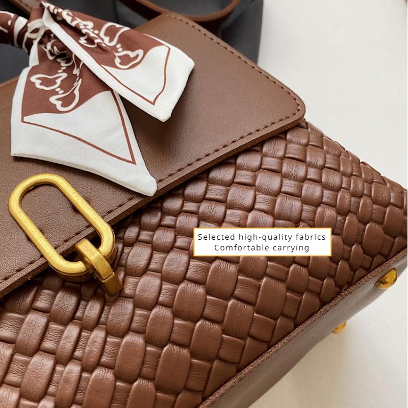 Fashion Popular Weave Women's Top-handle Bags Double Layer Versatile Lady Single Shoulder Crossbody Bag High-end Texture Small Square Bag with Scarf