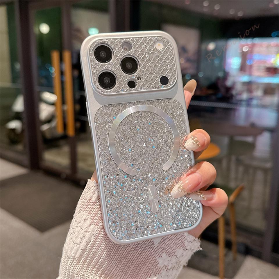 Luxury Glitter Diamond Texture Magnetic Case for iPhone 17 16 15 14 Plus 13 12 11 Pro Max for Magsafe Camera Protection Cover