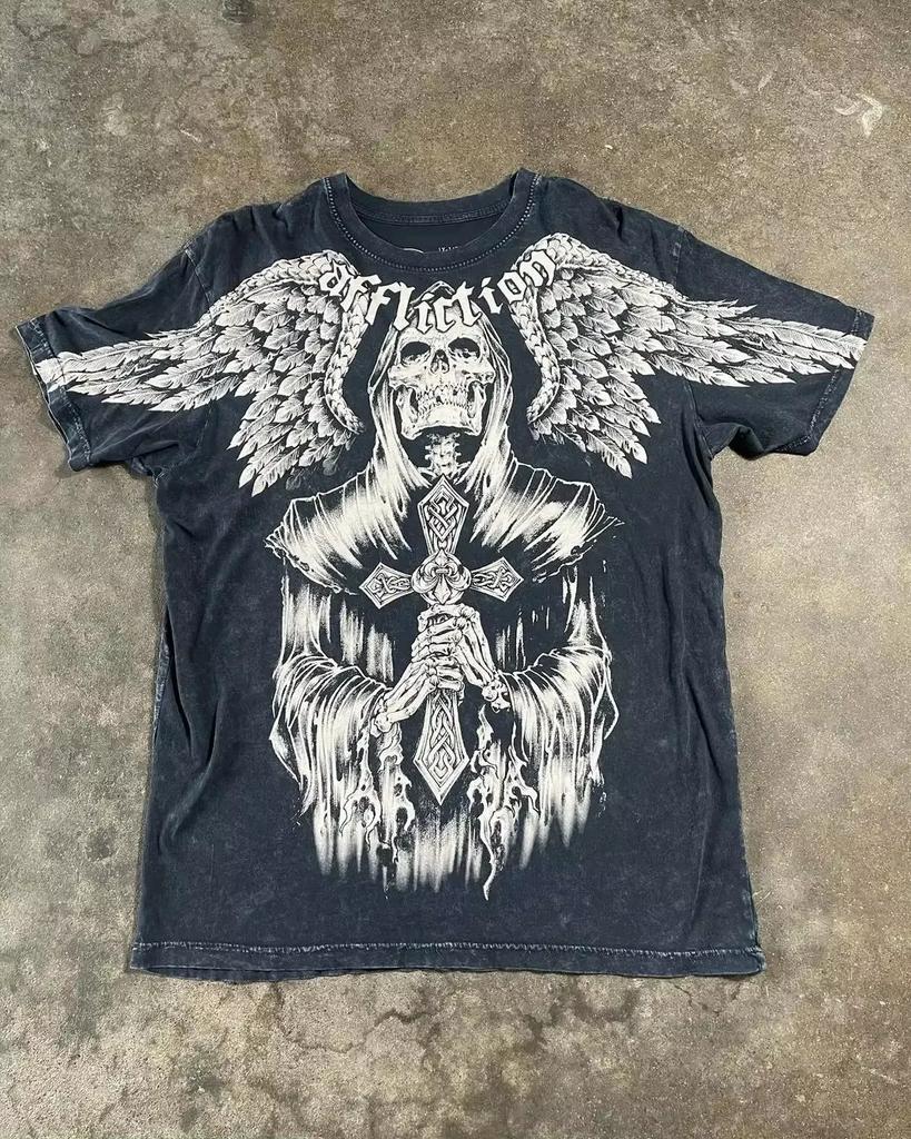 American Affliction T-shirt Men Y2K Street Vintage Fashion Casual Loose Tees Summer Clothes Loose Casual Cartoon Oversized Tops