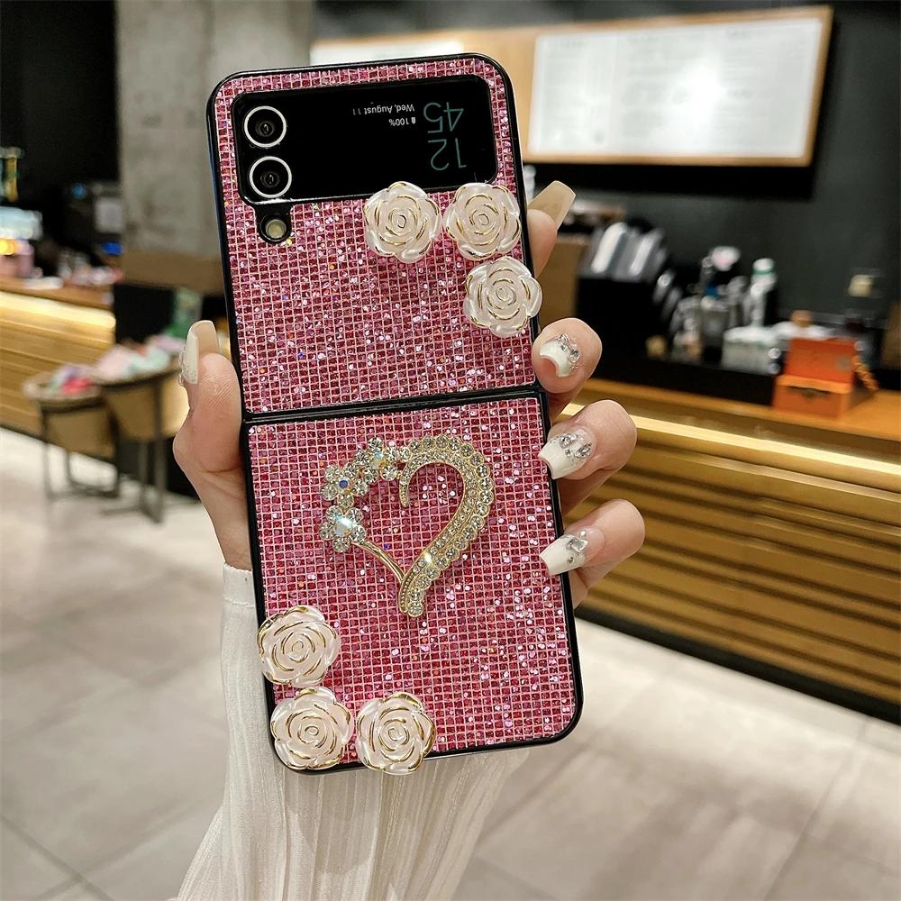 Luksusowe Błyszczące Diamentowe Etui Kameliowe dla Samsunga Galaxy Z Flip 4 5 Cover Matowe Twarde Odporne na Wstrząsy Etui Bumperowe Dla Z Flip3 Flip5 5G