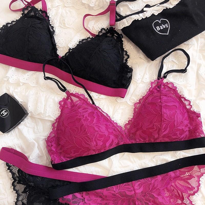 French underwear thin contrasting color triangle cup no steel ring bra big chest small sexy lace bra cover