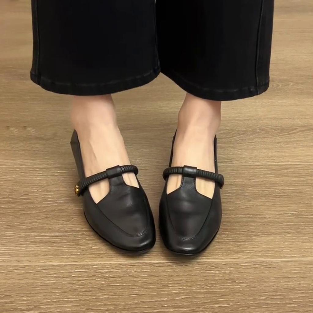 Sheepskin version~ Retro camellia round head Mary Jane women's shoes commuting T-word with shallow mouth French temperament thick heel single shoes