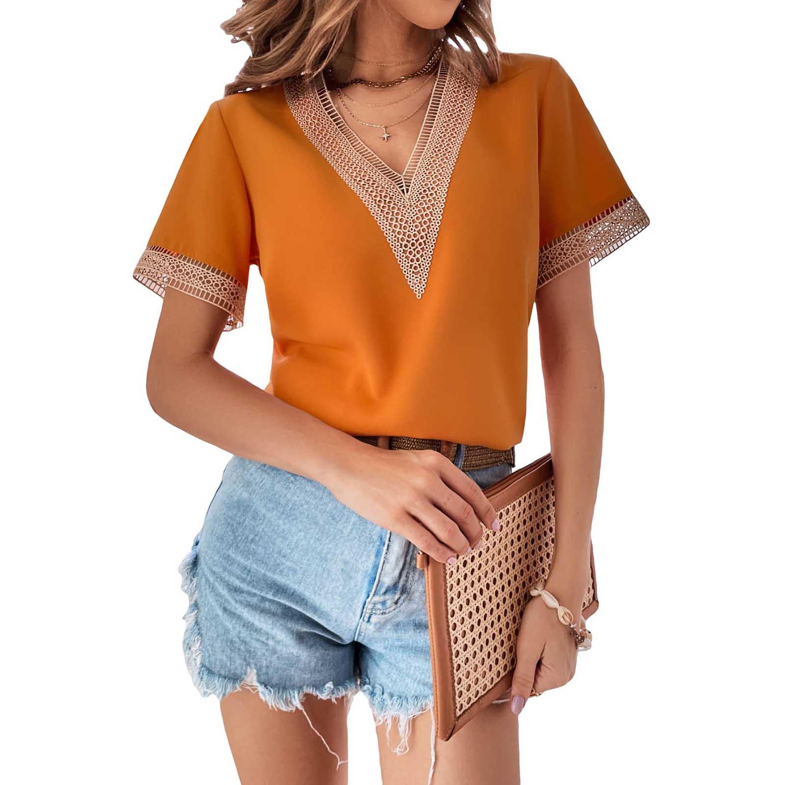 

Women s Summer Blouse Fashion Lace Crochet Short Sleeve V Neck Loose Fit V Neck Shirt Circle Print Color Block Shirt Top XL помаранчевий