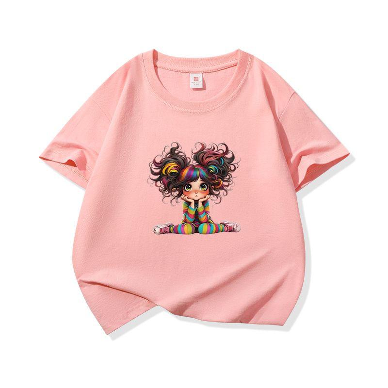 Kids Cotton T Shirt Charming Rainbow Hair Girl Sitting Print Crew Neck Short Sleeve Tee Casual Boys Girls Summer Tops