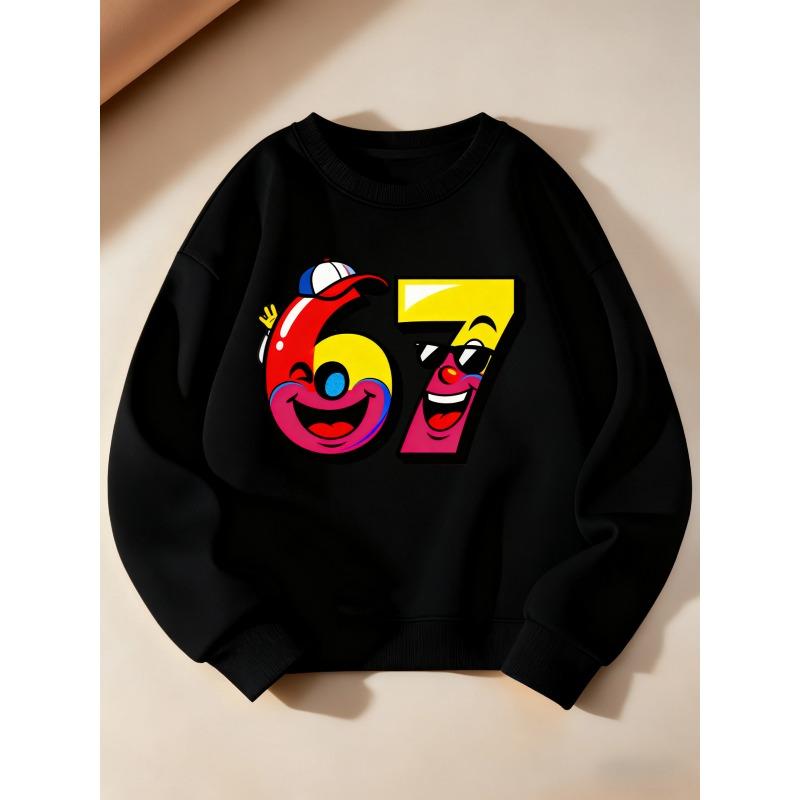 Birthday Kids Sweatshirt Over 4Y Unisex Boys Girls Cute Cartoon Face Number 67 Crewneck Soft Fleece Long Sleeve Pullover For 4-12 Years Old Children