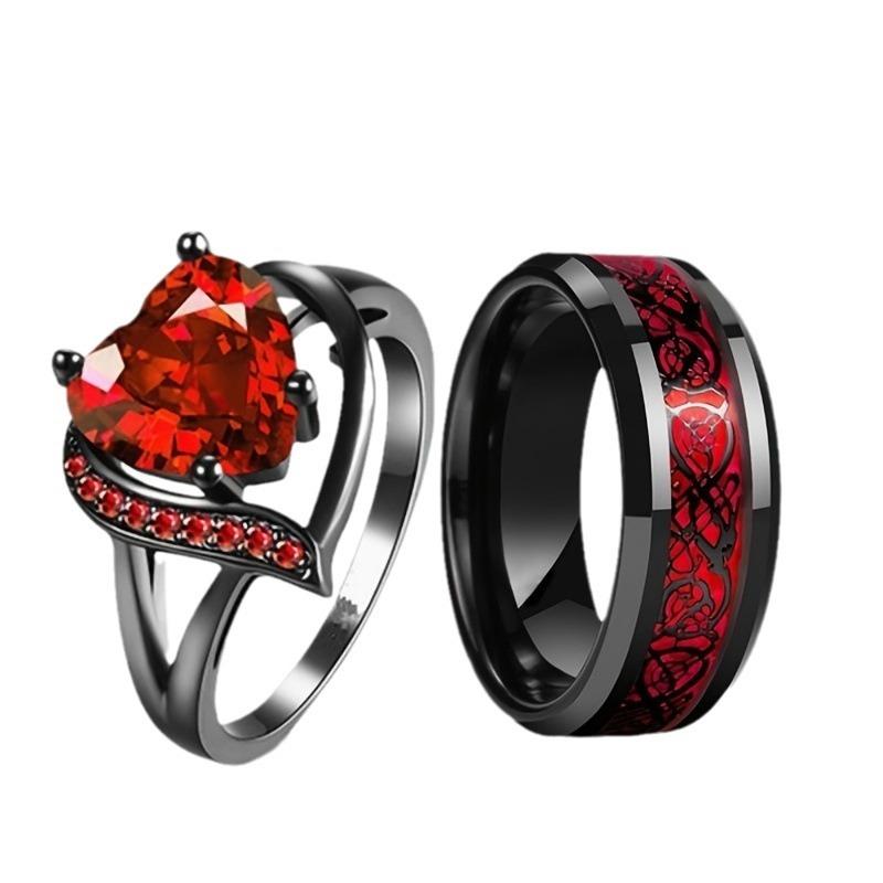 Anelli di coppia con ciondolo per uomo in acciaio inossidabile, anello con drago celtico, cuore, zircone rosso, set di anelli nuziali per donna, gioielli per San Valentino
