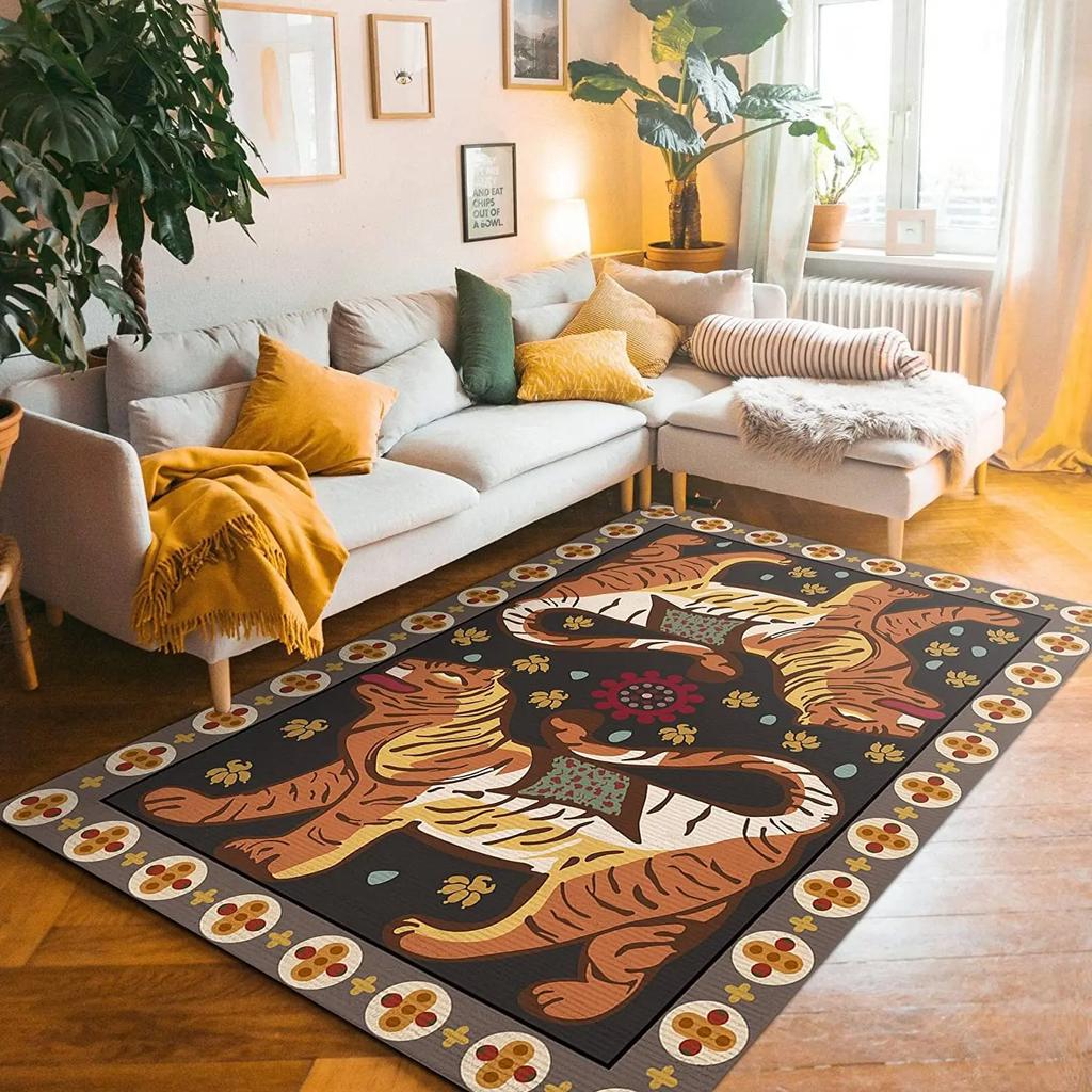 Artistic Tiger Pattern Vintage Inspired Floral Motif Decorative Border Living Room Bedroom Home Decoration Carpet Mat Rug