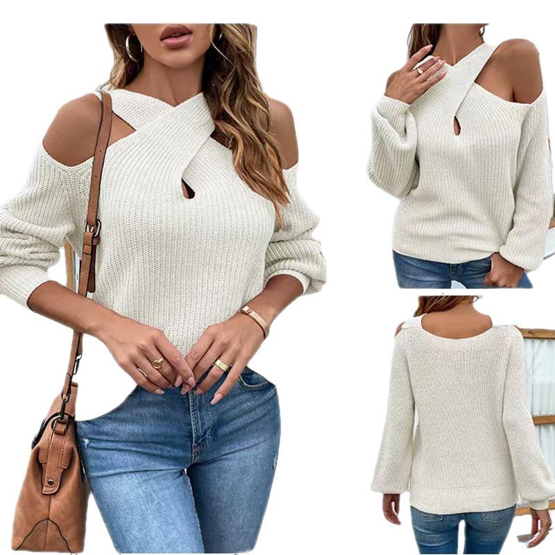 2023 Autumn/Winter Women's Off-Shoulder Strappy Halter Lantern Sleeve Knit Sweater
