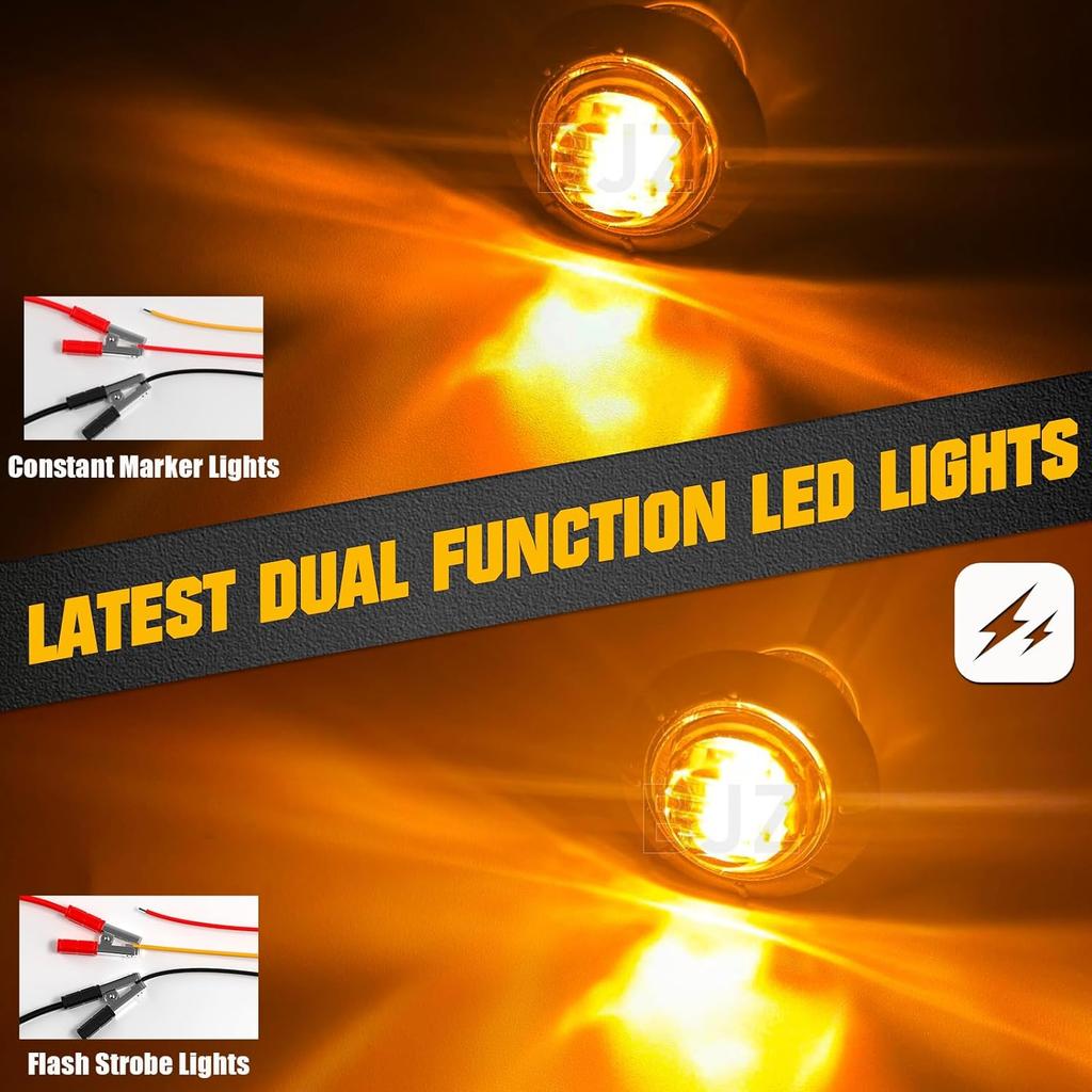 BJZ 3/4" Strobe+Marker Lights Dual Function Amber Trailer LED Side Clearance Tail Bumper Griller Flash Lights 12V Turn Signal Warning Indicator