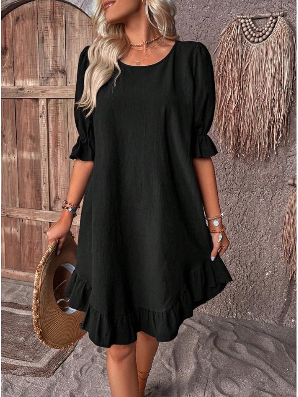 Women's Retro Cotton Linen Mid-Sleeve Round Neck Ruffle Dress