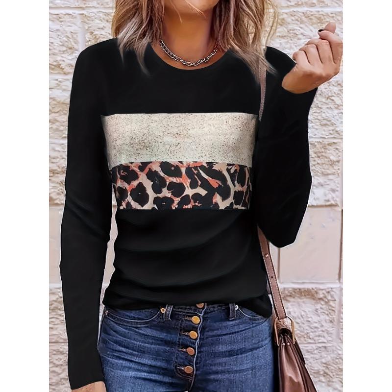 Tricou cu gât roșu cu imprimeu leopard, top casual cu mânecă lungă pentru primăvară și toamnă, îmbrăcăminte pentru femei