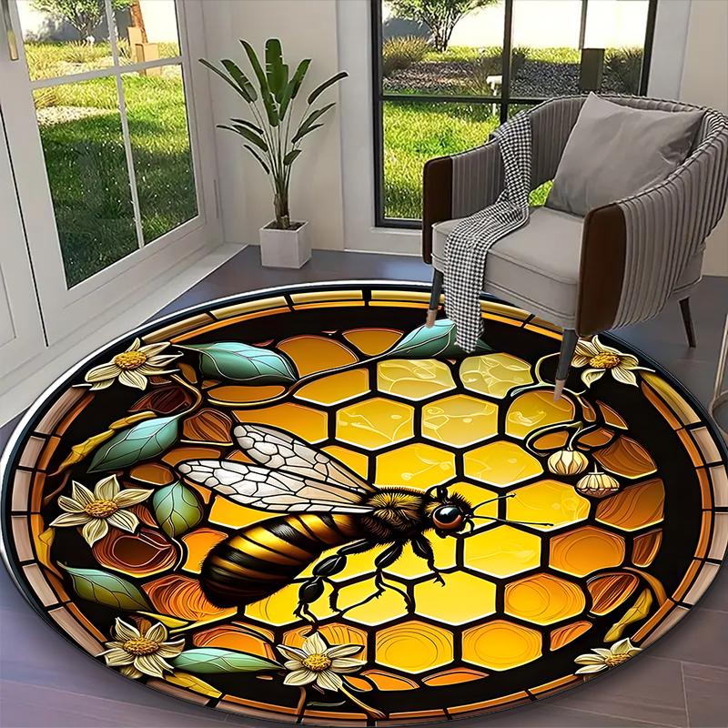 1pc Glass Bee Rug, Comfortable Printed Home Round Carpet, Cozy Office Chair Rug