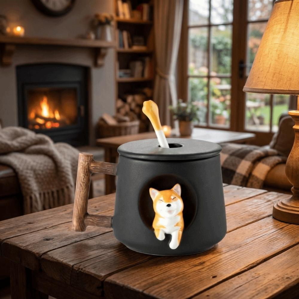 Creative Cartoon 3D Ceramic Mug 420ml Dog Design Milk Tea Cup Heat-resistant with Lid and Spoon Water Cup Breakfast