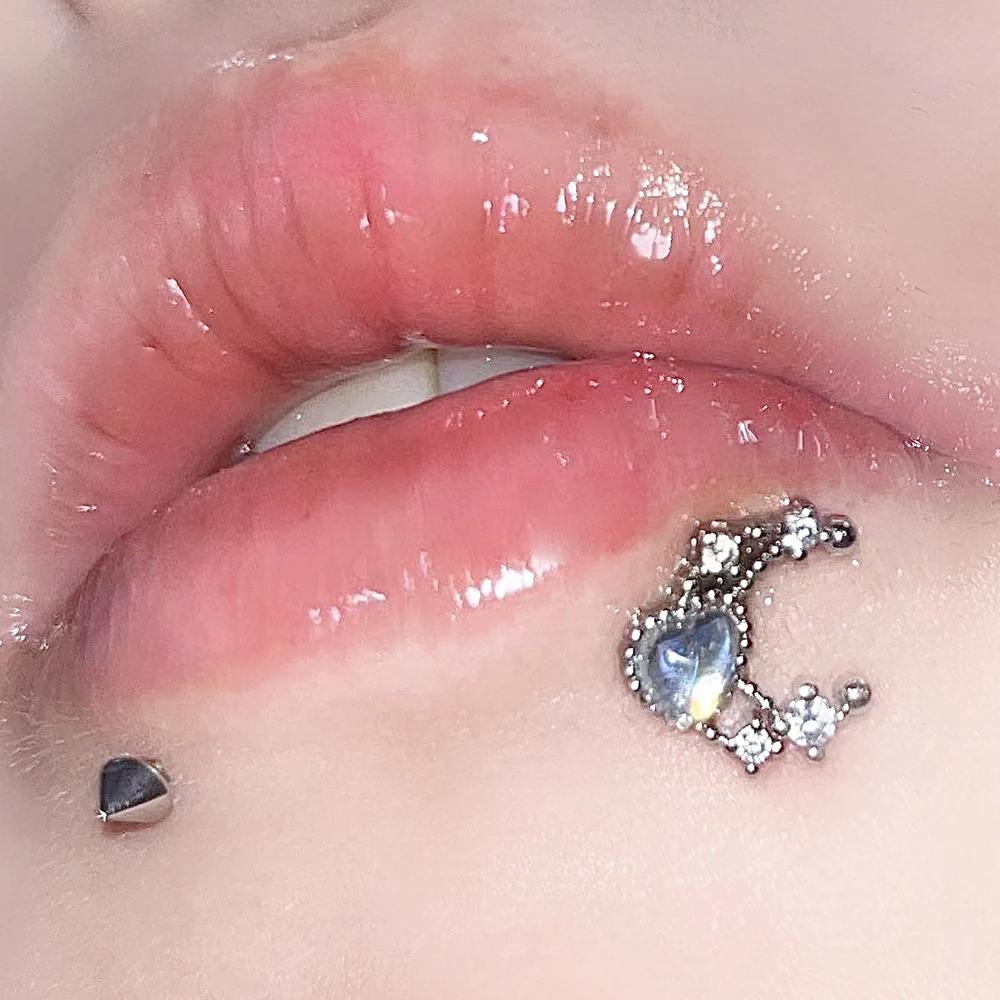 1pc Heart Moon Shape with Zircon Stainless Steel Lip Stud For Woman Girl Daily Party Earring Stud Cartilage Piercing Zircon