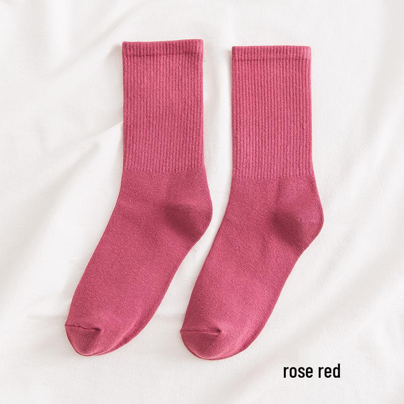 Women's Mid-Calf Cotton Socks - Solid Color, High Elasticity, Versatile Bubble Style for Autumn and Winter.