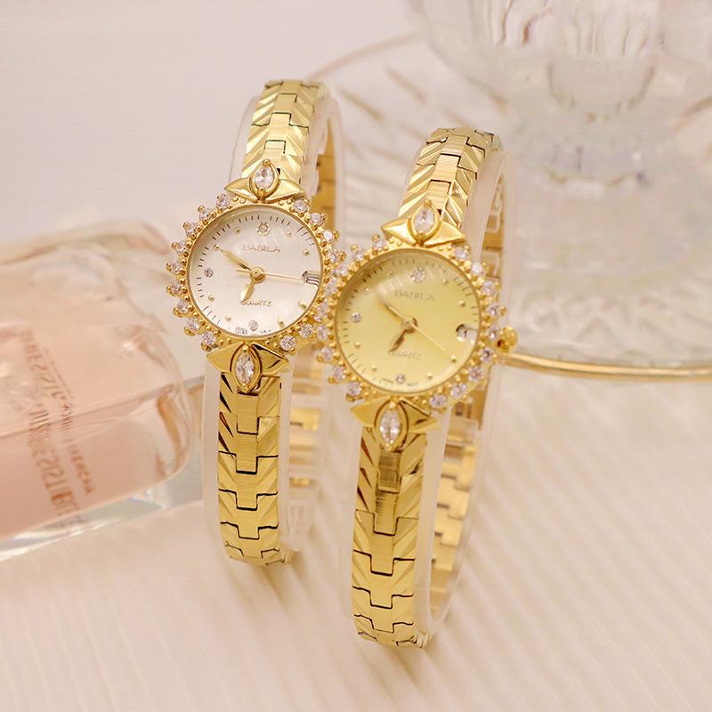Exquisite Retro Jewelry, High-End Precision 5A Diamond-Encrusted Relief Bracelet, Temperament Quartz Small Gold Watch