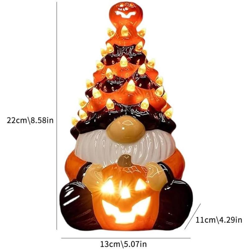 Halloween Zwerg Dekoration mit Licht, Kürbis Wichtel Keramik Baum Leuchtfigur, Orange LED Tisch Herbstdeko für Zuhause, Halloween Party