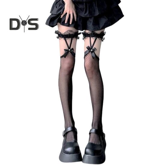 

1 пара женских чулок, прозрачные, ультратонкие, с сеткой, с кружевным бантом, высокая эластичность, выше колена, обтягивающие, однотонные, в японском стиле, нескользящие, женские чёрный