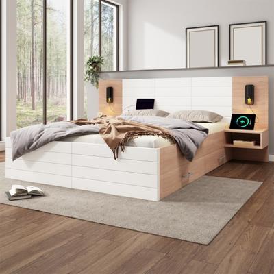 180x200cm Double Bed with 2 Drawers Bedside Cabinets Reading Light USB Charging Function Headboard Strong Wood Slat Support Bed Bedroom