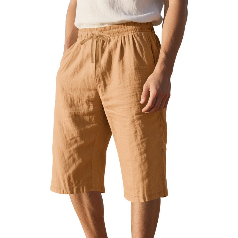 Summer Men's Loose Simple Solid Color Casual Linen Breathable Sports Beach 7-point Shorts