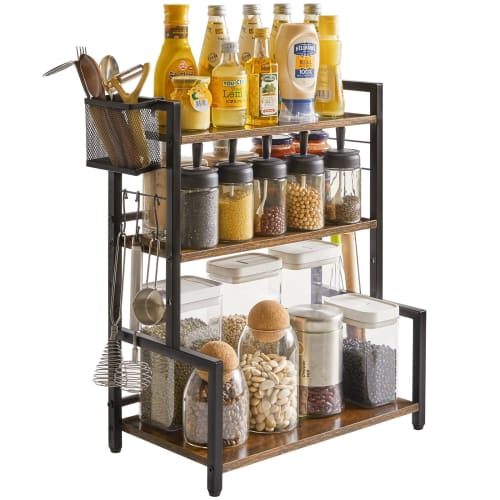 YMYNY 3-Tier Condiment Rack with Large Capacity, Metal Basket and 6 Hooks, Adjustable Height, Waterproof and Easy To Clean, Ideal for Kitchen and Bath