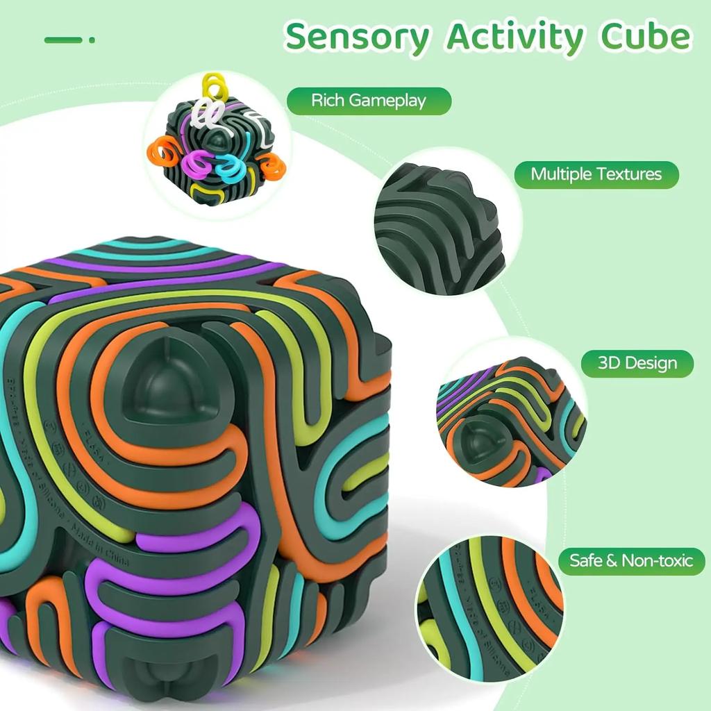 Sensory Fidget Toys for Kids Adults Silicone Activity Cube with 15 Colorful Strings Travel Stress Relief Toys Christmas Gift
