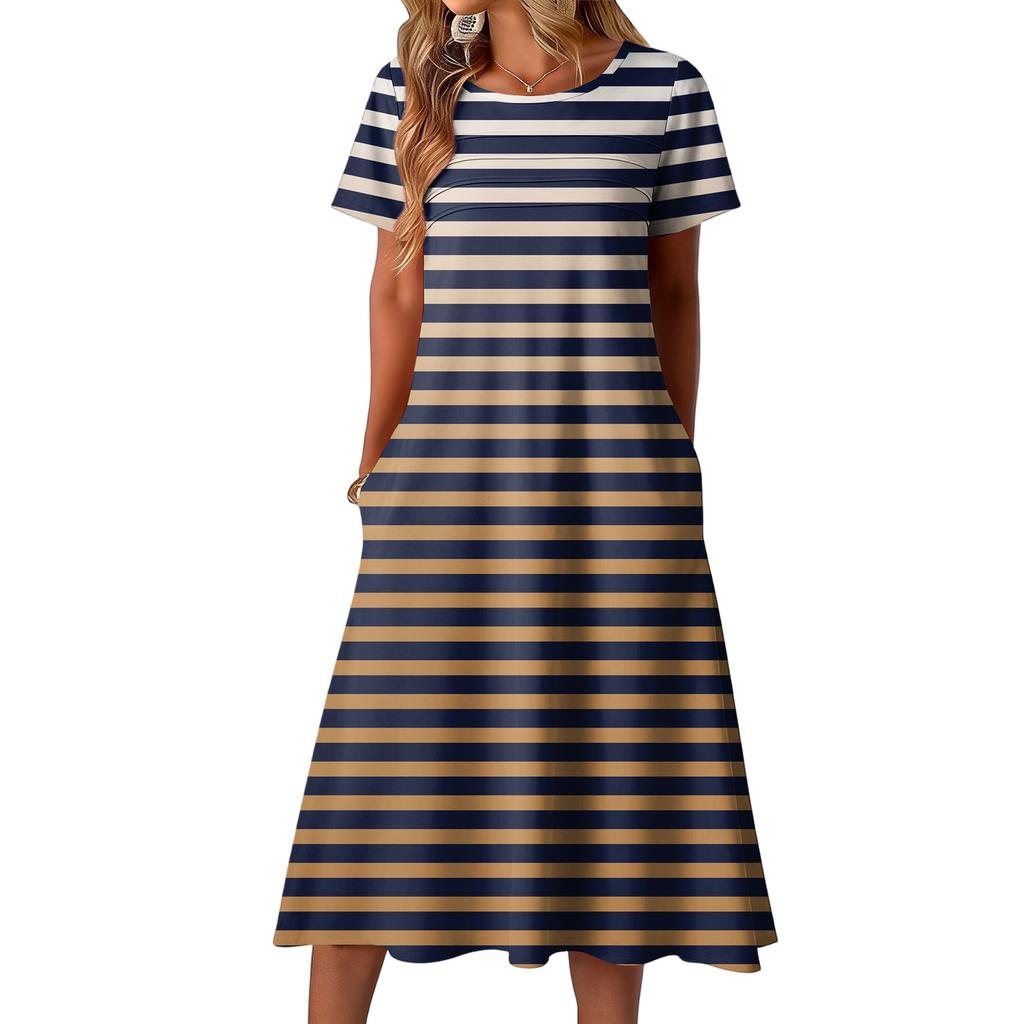 Ladies' striped printed casual and fashionable short sleeved round neck dress