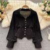 Women French Style Shirt Lapel V-neck Puff Long Sleeve Shirt Buttons Decor Irregular Hem Solid Color Tops