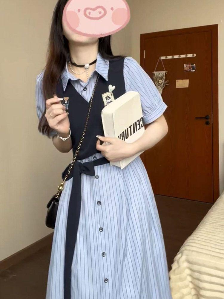 Korean Style Striped Patchwork Two-Piece Dress for Women - Summer Mid-Length Skirt