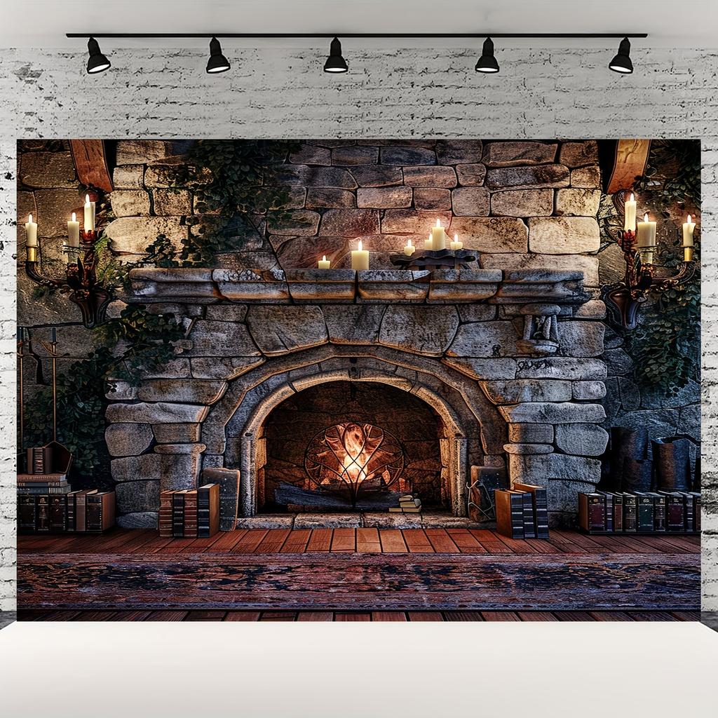 1 mysterious room background - vibrant flames and fireplace photography background with magical books and candle designs