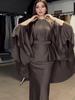 2024 Spring Drapey Satin Round Neck Dress with Batwing Sleeves and Tie Waist