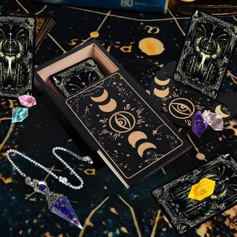 Astrology Trinkets Box Organizers Portable Tarots Cards Storage Box Wood Divination Storage Box Case with Card Holder