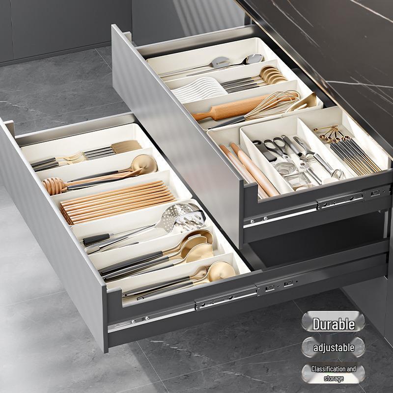 Kitchen Drawer Organizer Box: Built-in Dividers for Cutlery, Chopsticks, Spoons, Cling Film & Retractable Features