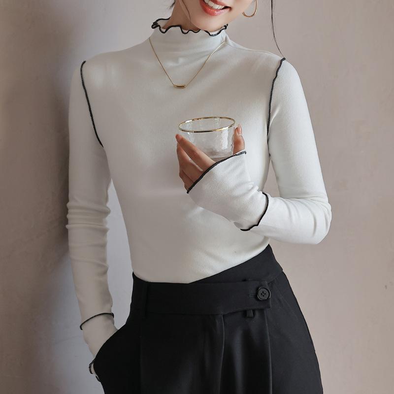 Autumn and Winter Women's Bottom Shirt Wooden Ear Side Half High Neck Dralon Bottom Shirt Inside Long Sleeve Top