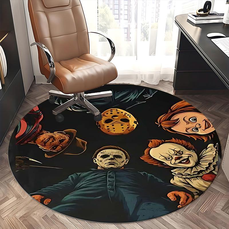 Halloween Horror Icons,Movie Monsters Chair Mat Round Rug Office Carpet, Machine Washable, Non Slip, Suitable for Living Rooms, Bedrooms