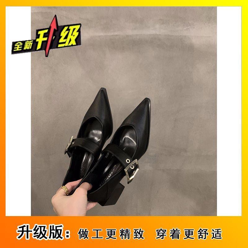 

French medium and high heels Mary Jane small leather shoes women s shoes 2024 new spring, autumn and winter evening shoes black pointed single shoes 35