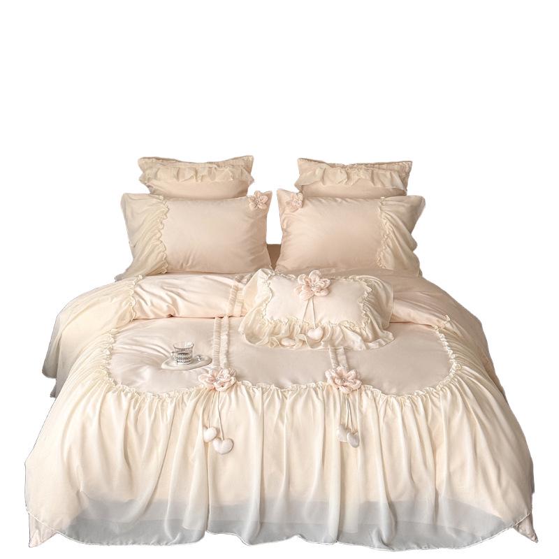 Prinzessinnen-Stil Bestickter Spitzenbesatz Reines Baumwoll-Vierteiliges Bettwäsche-Set mit 3D-Blumen.