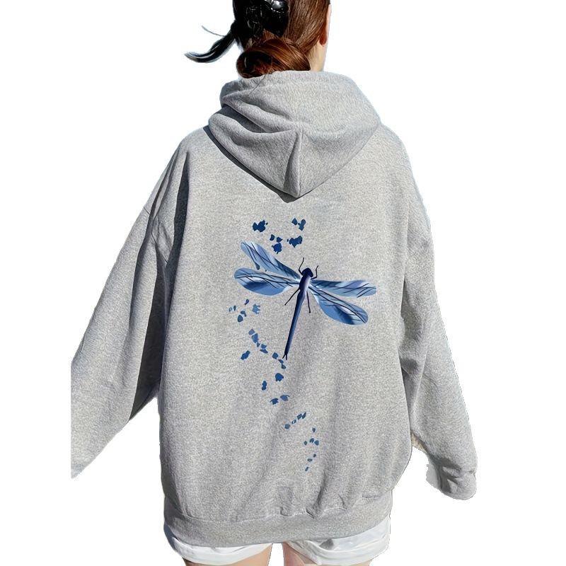 European & American Women's Dragonfly Print Plus Velvet Hoodie with Kangaroo Pocket - Autumn/Winter