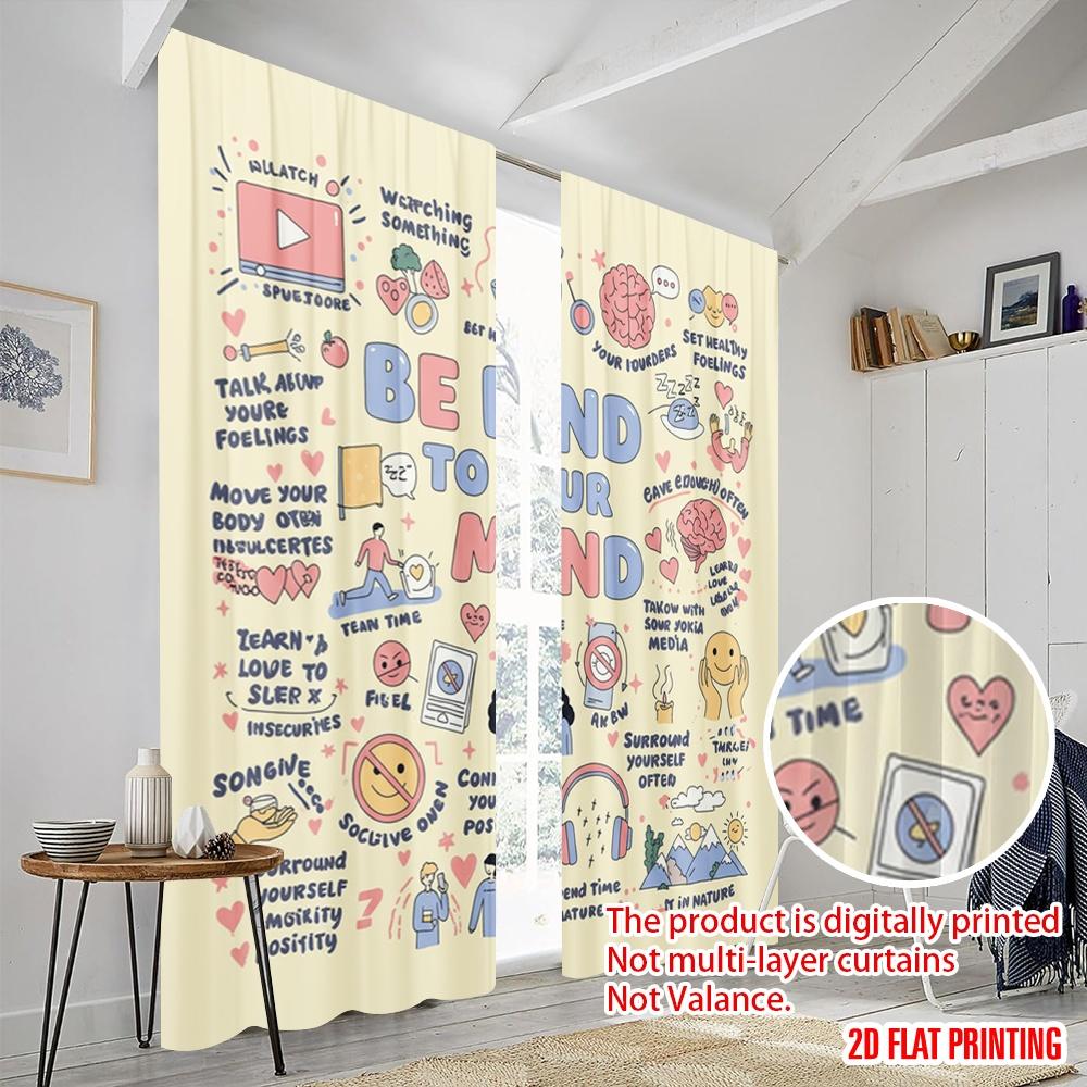 2pcs 2D Flat Printing Curtains Mindful Living Self-Care Polyester Without Electricity Festive Curtains for Entryway Room Parties