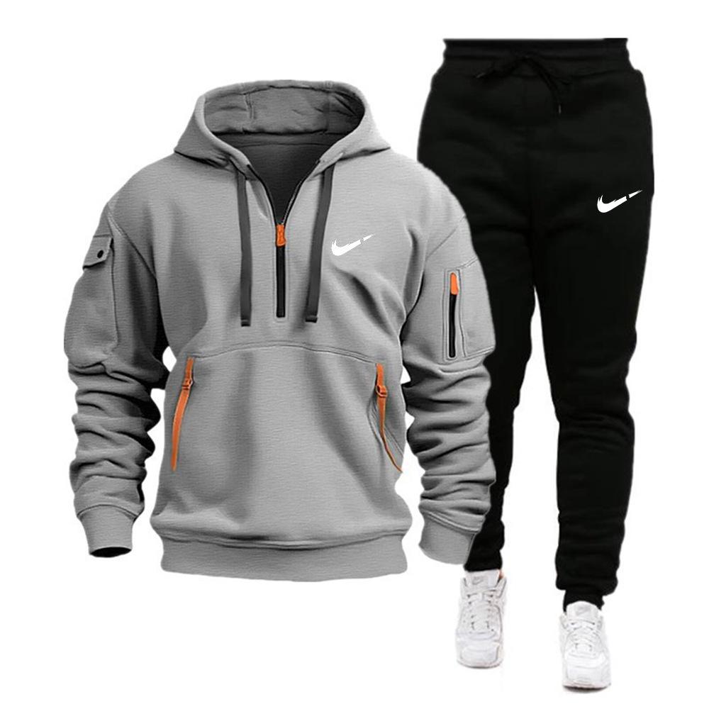 Autumn and winter new men's hoodie fashion casual men's suit trendy zipper multi-pocket fleece suit