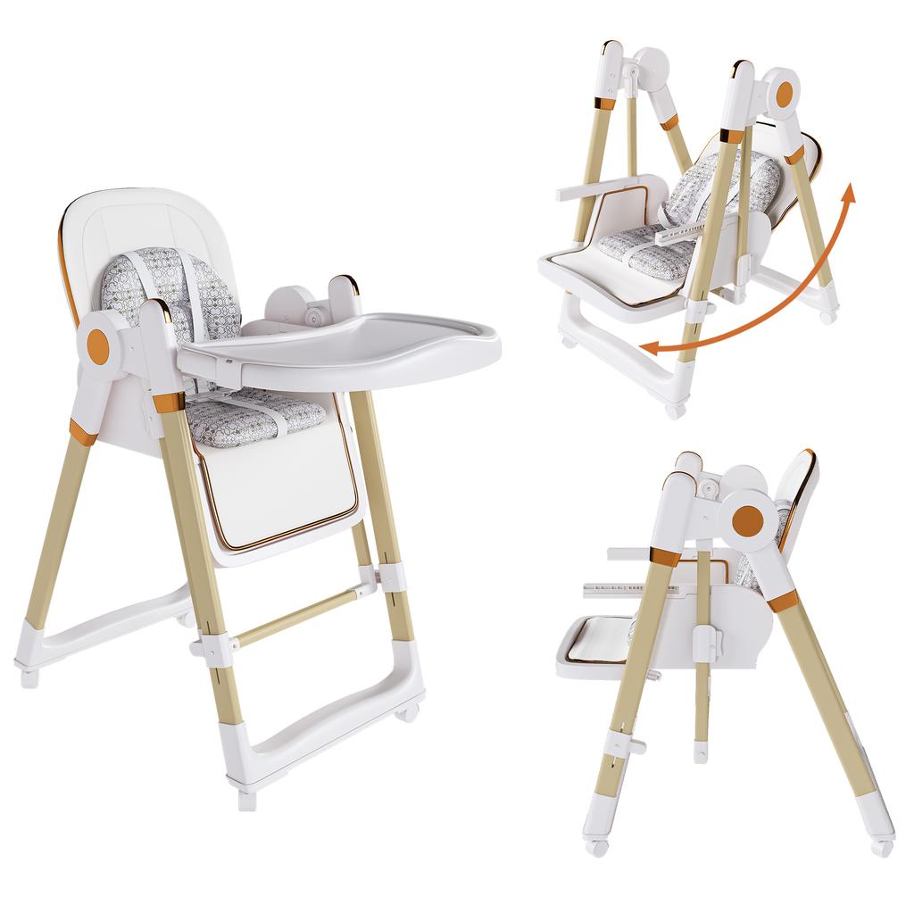 Silla Alta para Bebé 2 en 1 con Función Mecedora, Arnés de Seguridad de 5 Puntos, Ruedas con Bloqueo, Bandeja Extraíble, Plegable y Ajustable en Altura, Blanco