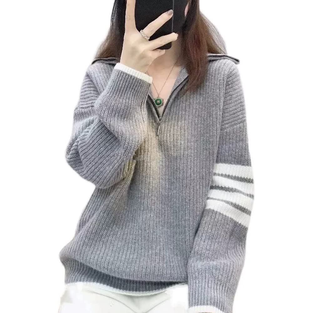 Village Knit Sports Loose Size 139 H&T Women's Sweater, Top, Outerwear, Sweater, Pullover, Half-Zip, Warm, Simple, Fit, Casual, Stylish,