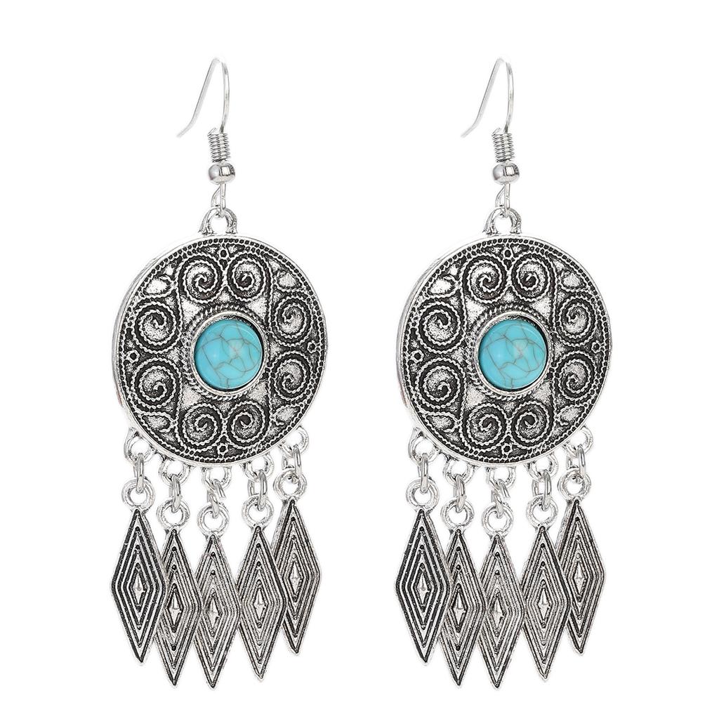Vintage Ethnic Natural Stone Indian Earrings Jhumka Female Antique Silver Plated Geometric Carved Earrings Party Tassel Jewelry