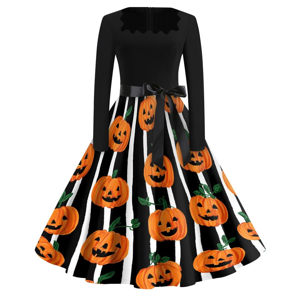 Women's Vintage Square Neck Casual Dress with Halloween Print for Fall Occasions