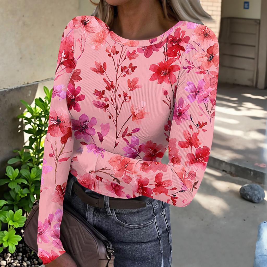 Women Casual Crew Neck Long Sleeve Ribbed Top with All Over Floral Print Lightweight Pullover Blouse for Daily Wear