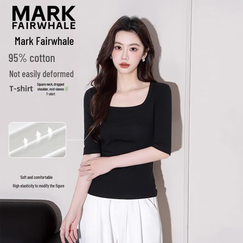 MARK FAIRWHALE Women s Square Neck Cotton Mid-Sleeve T-Shirt S