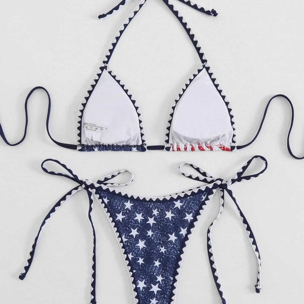 1011 European and American Hot-selling American Retro Polished White Stars and Stripes Wavy Small Lace Neck Strap Sexy Split Swimsuit