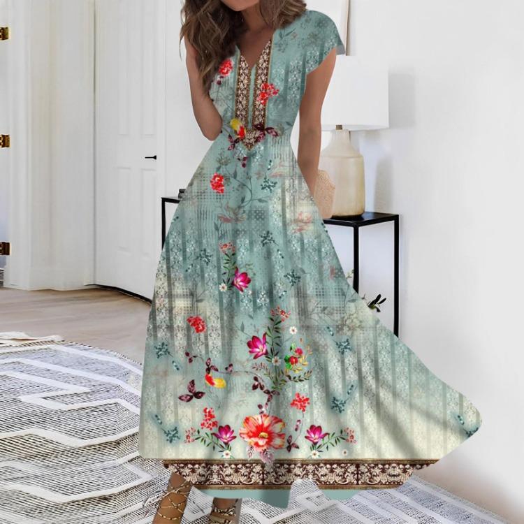 Women's Casual Maxi Dress Long Chiffon Swing Dress Solid Color V-neck Ruffled Short Sleeve Mature Outdoor Daily Date Dress