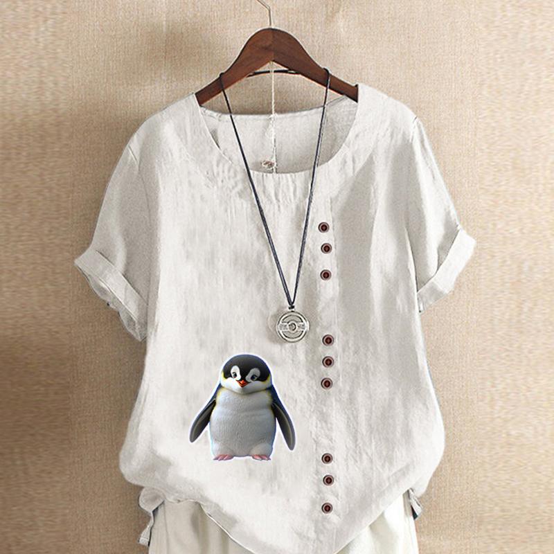 Women's Fashion Penguin Prined Round Neck Short Sleeve T-shirt Casual Cotton Linen Graphic Shirt Leisure Loose Summer Blouse Tops